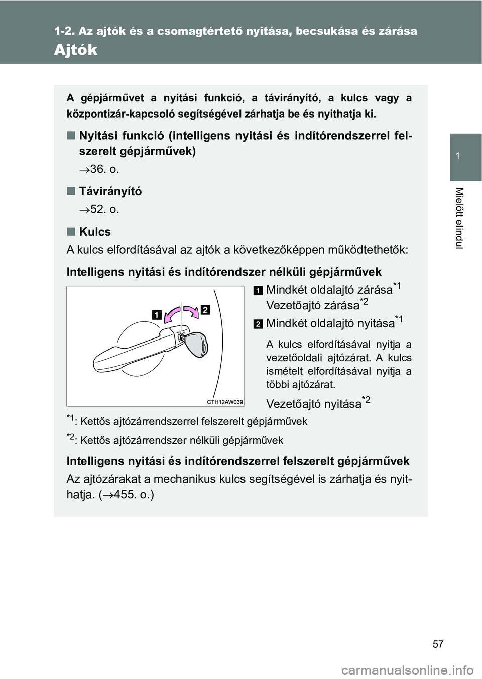 TOYOTA GT86 2017 Kezelési útmutató (in Hungarian) 57
1
1-2. Az ajtók és a csomagtértető nyitása, becsukása és zárása
Mielőtt elindul
Ajtók
A gépjárművet a nyitási funkció, a távirányító, a kulcs vagy a
központizár-kapc TOYOTA GT86 2017 Kezelési útmutató (in Hungarian) 57
1
1-2. Az ajtók és a csomagtértető nyitása, becsukása és zárása
Mielőtt elindul
Ajtók
A gépjárművet a nyitási funkció, a távirányító, a kulcs vagy a
központizár-kapc