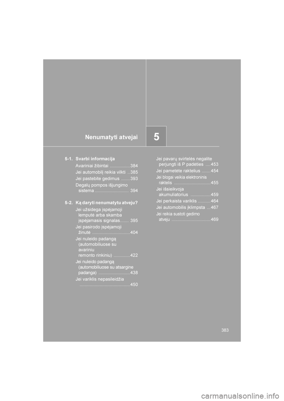 TOYOTA GT86 2017 Eksploatavimo vadovas (in Lithuanian)
5Nenumatyti atvejai
383
86_LT (OM18071E)
5-1. Svarbi informacijaAvariniai žibintai ................ 384
Jei automobilį reikia vilkti .. 385
Jei pastebite gedimus ....... 393
Degalų pompos išjun TOYOTA GT86 2017 Eksploatavimo vadovas (in Lithuanian)
5Nenumatyti atvejai
383
86_LT (OM18071E)
5-1. Svarbi informacijaAvariniai žibintai ................ 384
Jei automobilį reikia vilkti .. 385
Jei pastebite gedimus ....... 393
Degalų pompos išjun