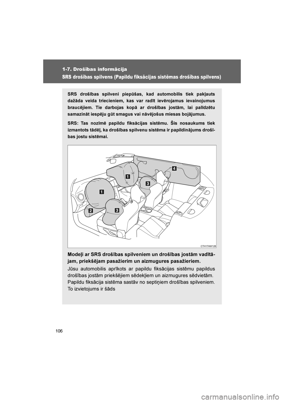 TOYOTA GT86 2017 Lietošanas Instrukcija (in Latvian)
106
1-7. Drošības informācija
86_LV (OM18071E)
SRS drošības spilvens (Papildu fiksācijas sistēmas drošības spilvens)
SRS drošības spilveni piepūšas, kad automobilis tiek pakļauts
dažā TOYOTA GT86 2017 Lietošanas Instrukcija (in Latvian)
106
1-7. Drošības informācija
86_LV (OM18071E)
SRS drošības spilvens (Papildu fiksācijas sistēmas drošības spilvens)
SRS drošības spilveni piepūšas, kad automobilis tiek pakļauts
dažā