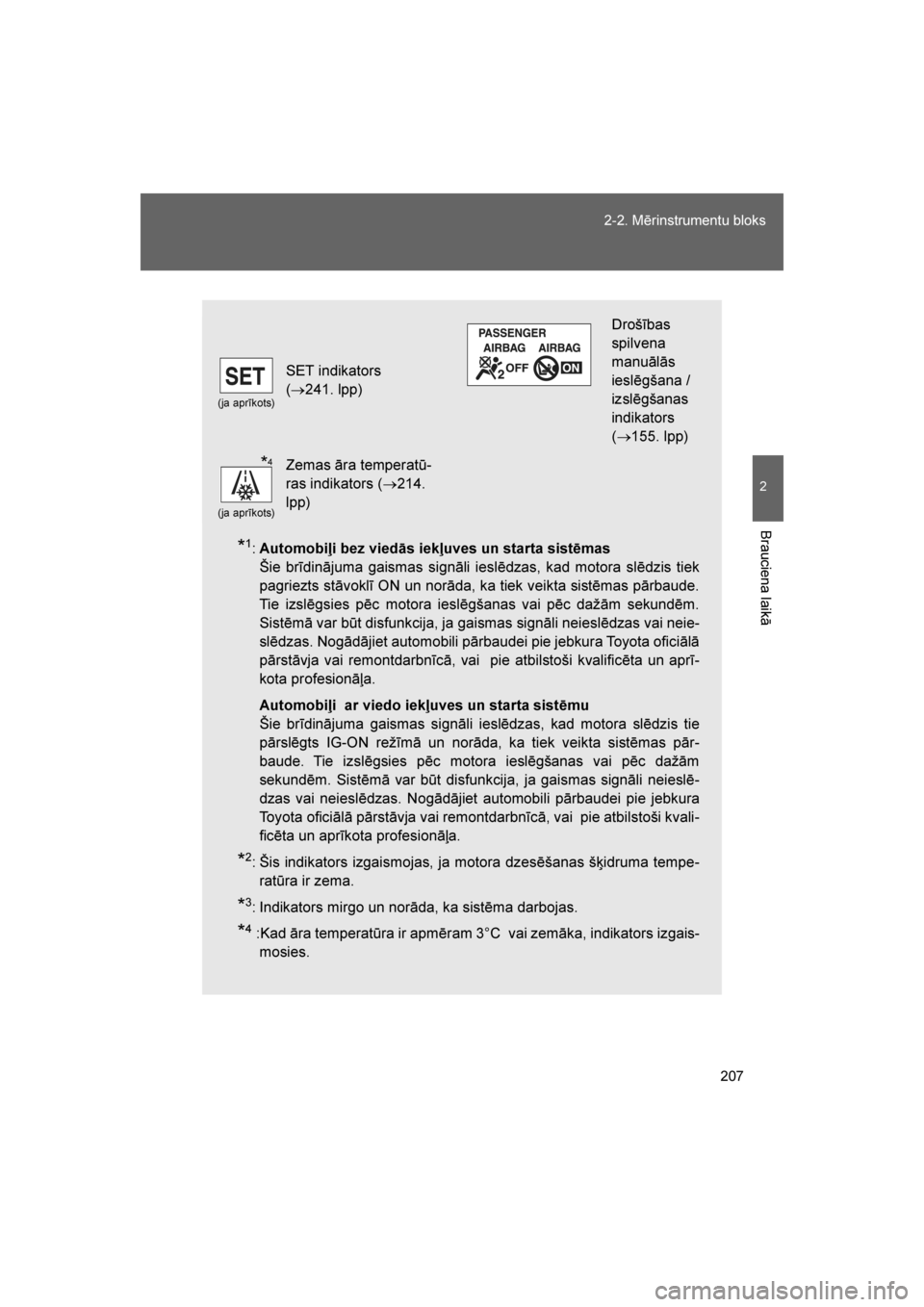 TOYOTA GT86 2017  Lietošanas Instrukcija (in Latvian) 
207
2-2. Mērinstrumentu bloks
2
Brauciena laikā
86_LV (OM18071E)
*1:
Automobiļi bez viedās iekļuves un starta sistēmas  
Šie brīdinājuma gaismas signāli ieslēdzas, kad motora slēdzis tiek
