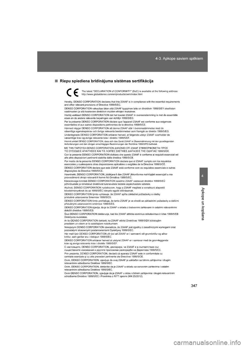 TOYOTA GT86 2017 Lietošanas Instrukcija (in Latvian)
347
4-3. Apkope saviem spēkiem
4
Apkope un kopšana
86_LV (OM18071E)
■
Riepu spiediena brīdinājuma sistēmas sertifikācija
86_OM_Europe_OM18071LV.book Page 347 Friday, November 25, 2016 8:50 TOYOTA GT86 2017 Lietošanas Instrukcija (in Latvian)
347
4-3. Apkope saviem spēkiem
4
Apkope un kopšana
86_LV (OM18071E)
■
Riepu spiediena brīdinājuma sistēmas sertifikācija
86_OM_Europe_OM18071LV.book Page 347 Friday, November 25, 2016 8:50