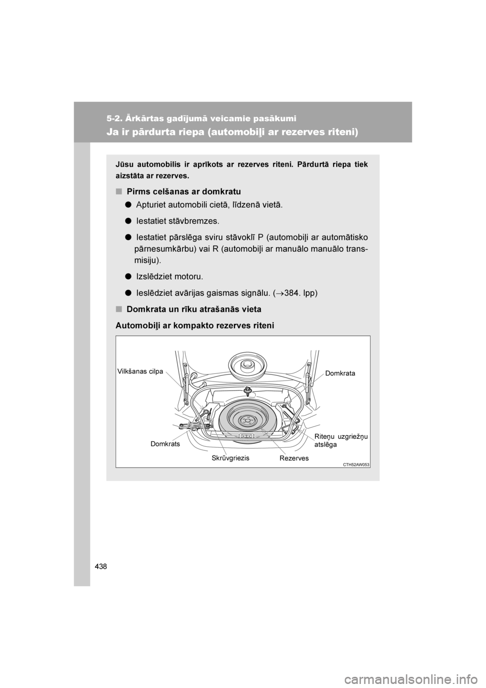TOYOTA GT86 2017 Lietošanas Instrukcija (in Latvian)
438
5-2. Ārkārtas gadījumā veicamie pasākumi
86_LV (OM18071E)
Ja ir pārdurta riepa (automobiļi ar rezerves riteni)
Jūsu automobilis ir aprīkots ar rezerves riteni. Pārdurtā riepa tiek
aizs TOYOTA GT86 2017 Lietošanas Instrukcija (in Latvian)
438
5-2. Ārkārtas gadījumā veicamie pasākumi
86_LV (OM18071E)
Ja ir pārdurta riepa (automobiļi ar rezerves riteni)
Jūsu automobilis ir aprīkots ar rezerves riteni. Pārdurtā riepa tiek
aizs