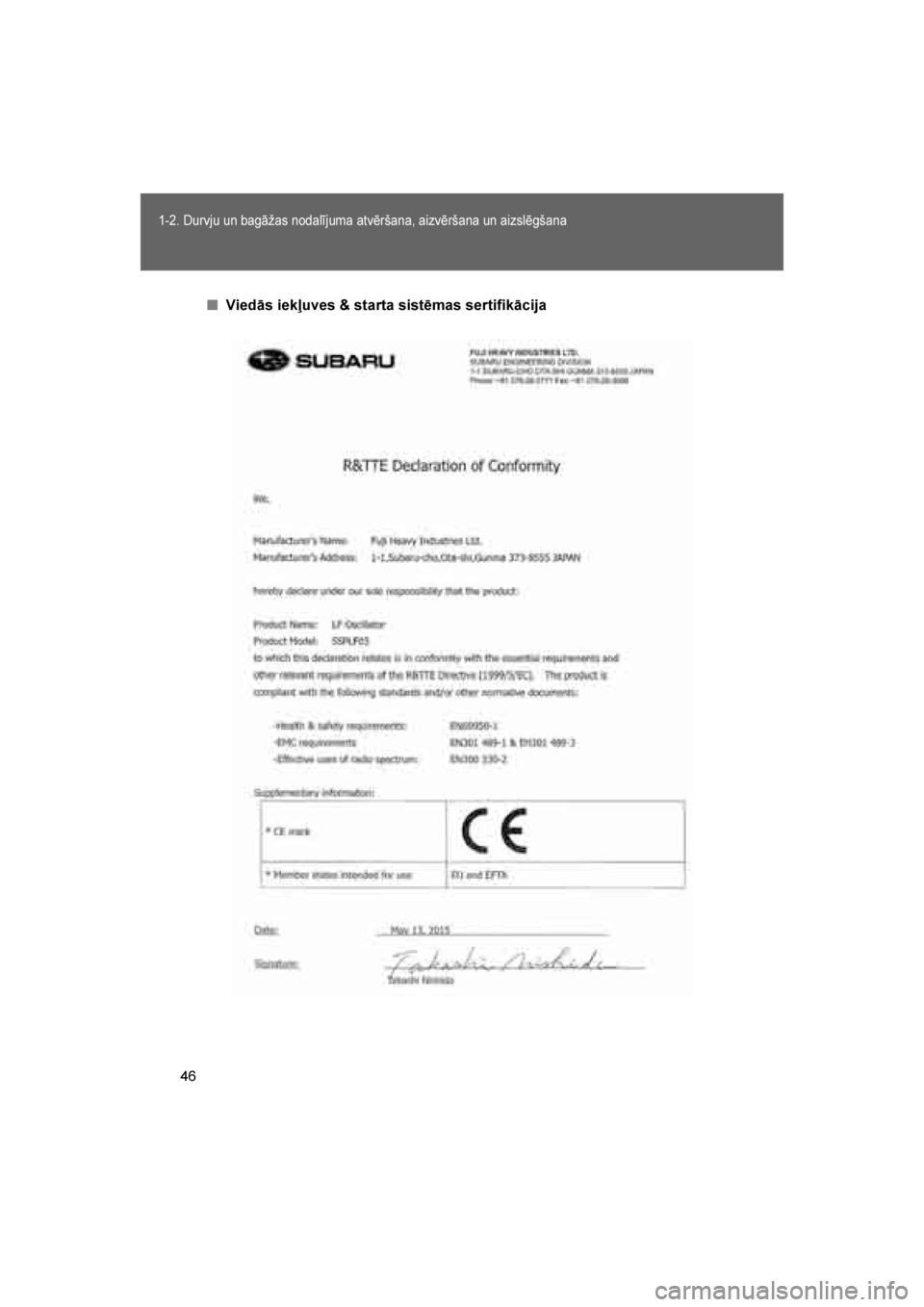 TOYOTA GT86 2017 Lietošanas Instrukcija (in Latvian)
46
1-2. Durvju un bagāžas nodalījuma atvēršana, aizvēršana un aizslēgšana
86_LV (OM18071E)
■Viedās iekļuves & starta sistēmas sertifikācija
86_OM_Europe_OM18071LV.book Page 46 Friday TOYOTA GT86 2017 Lietošanas Instrukcija (in Latvian)
46
1-2. Durvju un bagāžas nodalījuma atvēršana, aizvēršana un aizslēgšana
86_LV (OM18071E)
■Viedās iekļuves & starta sistēmas sertifikācija
86_OM_Europe_OM18071LV.book Page 46 Friday