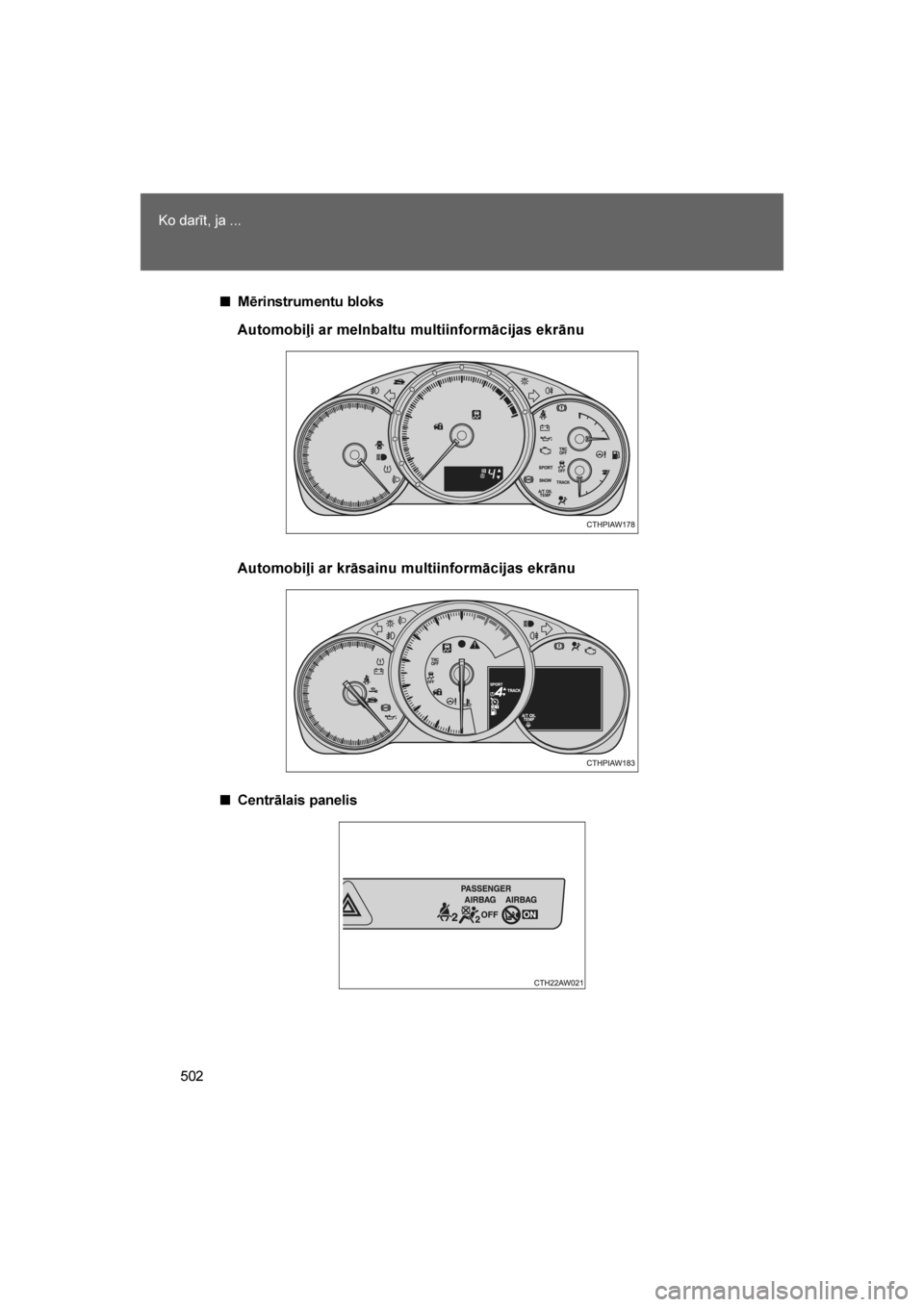 TOYOTA GT86 2017 Lietošanas Instrukcija (in Latvian)
502
Ko darīt, ja ...
86_LV (OM18071E)
■
Mērinstrumentu bloks
■ Centrālais panelis
Automobiļi ar melnbaltu multiinformācijas ekrānu
Automobiļi ar krāsainu multiinformācijas ekrānu
86_OM_ TOYOTA GT86 2017 Lietošanas Instrukcija (in Latvian)
502
Ko darīt, ja ...
86_LV (OM18071E)
■
Mērinstrumentu bloks
■ Centrālais panelis
Automobiļi ar melnbaltu multiinformācijas ekrānu
Automobiļi ar krāsainu multiinformācijas ekrānu
86_OM_
