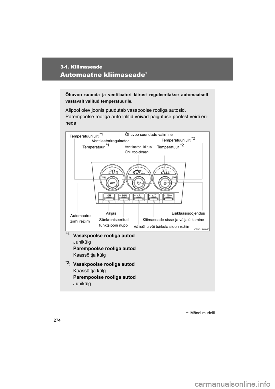 TOYOTA GT86 2017  Kasutusjuhend (in Estonian) 
274
3-1. Kliimaseade
86_EE (OM18071E)
Automaatne kliimaseade∗
Õhuvoo suunda ja ventilaatori kiirust reguleeritakse automaatselt
vastavalt valitud temperatuurile.
Allpool olev joonis puudutab vasap