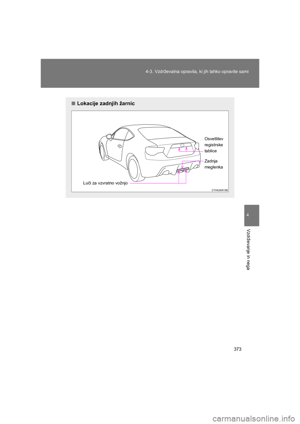 TOYOTA GT86 2017  Navodila Za Uporabo (in Slovenian) 373 4-3. Vzdrževalna opravila, ki jih lahko opravite sami
4
Vzdrževanje in nega
86_EE (OM18071E)
■Lokacije zadnjih žarnic
Luči za vzvratno vožnjoOsvetlitev
registrske
tablice
Zadnja 
meglenka
8