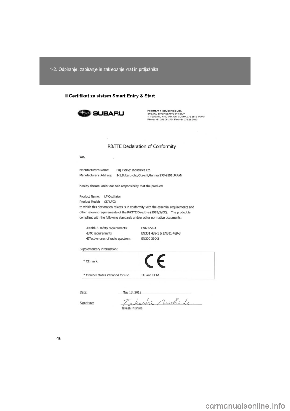 TOYOTA GT86 2017 Navodila Za Uporabo (in Slovenian) 46 1-2. Odpiranje, zapiranje in zaklepanje vrat in prtljažnika
86_EE (OM18071E)
■Certifikat za sistem Smart Entry & Start
86_OM_Europe_OM18071E.book Page 46 Friday, August 19, 2016 1:00 PM TOYOTA GT86 2017 Navodila Za Uporabo (in Slovenian) 46 1-2. Odpiranje, zapiranje in zaklepanje vrat in prtljažnika
86_EE (OM18071E)
■Certifikat za sistem Smart Entry & Start
86_OM_Europe_OM18071E.book Page 46 Friday, August 19, 2016 1:00 PM