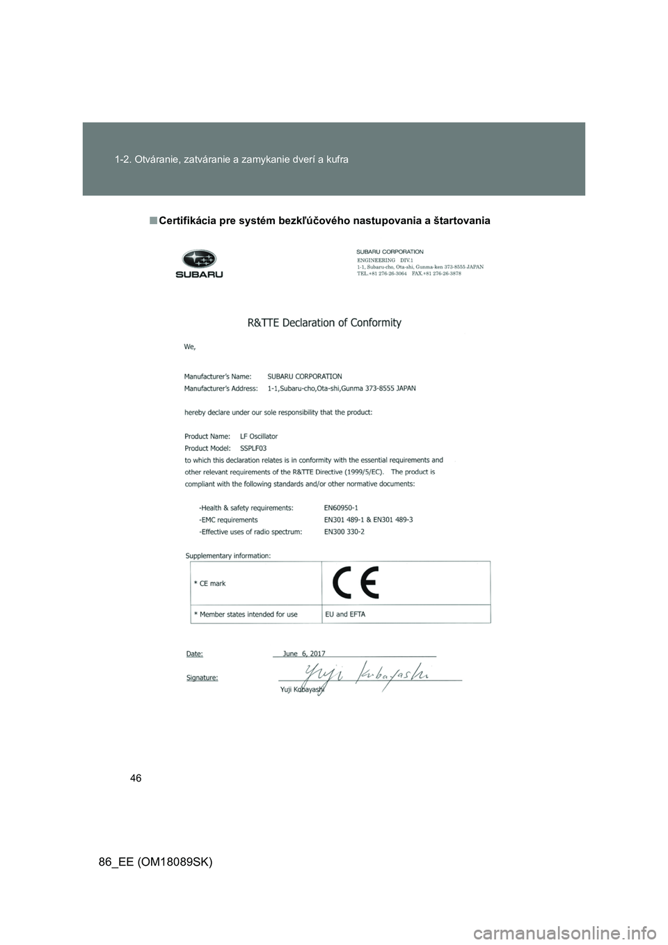 TOYOTA GT86 2017  Návod na použitie (in Slovakian) 46 
1-2. Otváranie, zatváranie a zamykanie dverí a kufra
86_EE (OM18089SK)
■ Certifikácia pre systém bezkľúčového nastupovania a štartovania 