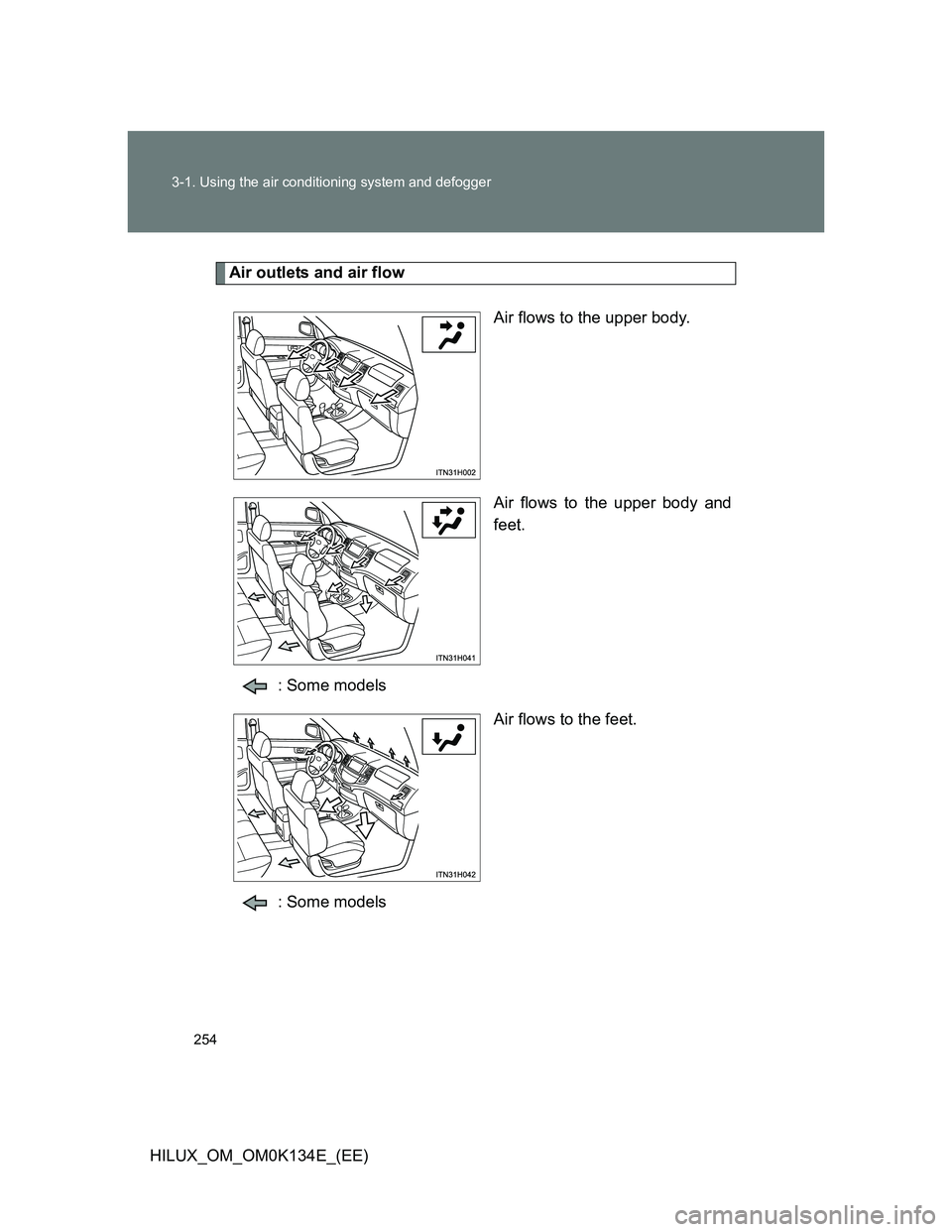 TOYOTA HILUX 2013  Owners Manual (in English) 254 3-1. Using the air conditioning system and defogger
HILUX_OM_OM0K134E_(EE)
Air outlets and air flow
Air flows to the upper body.
Air flows to the upper body and
feet.
: Some models
Air flows to th
