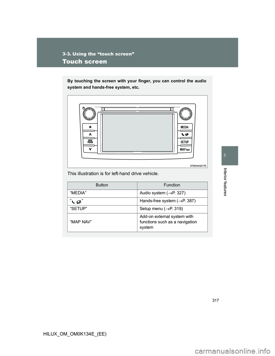 TOYOTA HILUX 2013  Owners Manual (in English) 317
3
Interior features
HILUX_OM_OM0K134E_(EE)
3-3. Using the “touch screen”
Touch screen
By touching the screen with your finger, you can control the audio
system and hands-free system, etc.
This