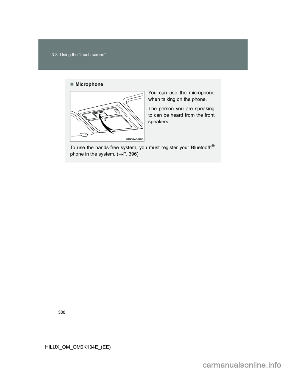 TOYOTA HILUX 2013  Owners Manual (in English) 388 3-3. Using the “touch screen”
HILUX_OM_OM0K134E_(EE)
Microphone
You can use the microphone
when talking on the phone.
The person you are speaking
to can be heard from the front
speakers.
To
