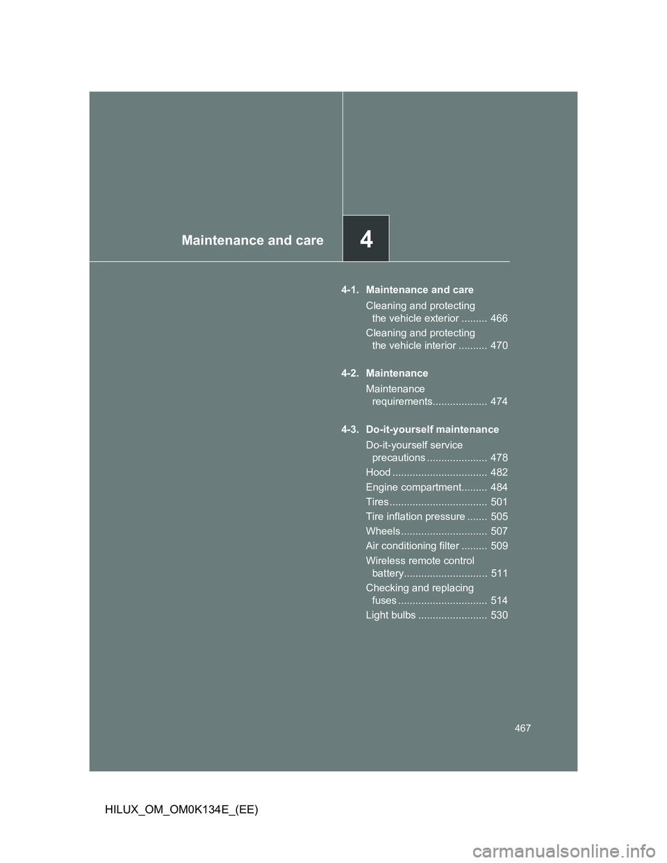 TOYOTA HILUX 2013 Owners Manual (in English) 4Maintenance and care
467
HILUX_OM_OM0K134E_(EE)
4-1. Maintenance and care
Cleaning and protecting
the vehicle exterior ......... 466
Cleaning and protecting
the vehicle interior .......... 470
4- TOYOTA HILUX 2013 Owners Manual (in English) 4Maintenance and care
467
HILUX_OM_OM0K134E_(EE)
4-1. Maintenance and care
Cleaning and protecting
the vehicle exterior ......... 466
Cleaning and protecting
the vehicle interior .......... 470
4-