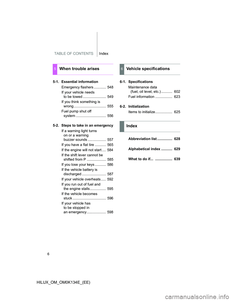 TOYOTA HILUX 2013 Owners Manual (in English) TABLE OF CONTENTSIndex
6
HILUX_OM_OM0K134E_(EE)
5-1. Essential information
Emergency flashers ............ 548
If your vehicle needs
to be towed ....................... 549
If you think something i TOYOTA HILUX 2013 Owners Manual (in English) TABLE OF CONTENTSIndex
6
HILUX_OM_OM0K134E_(EE)
5-1. Essential information
Emergency flashers ............ 548
If your vehicle needs
to be towed ....................... 549
If you think something i