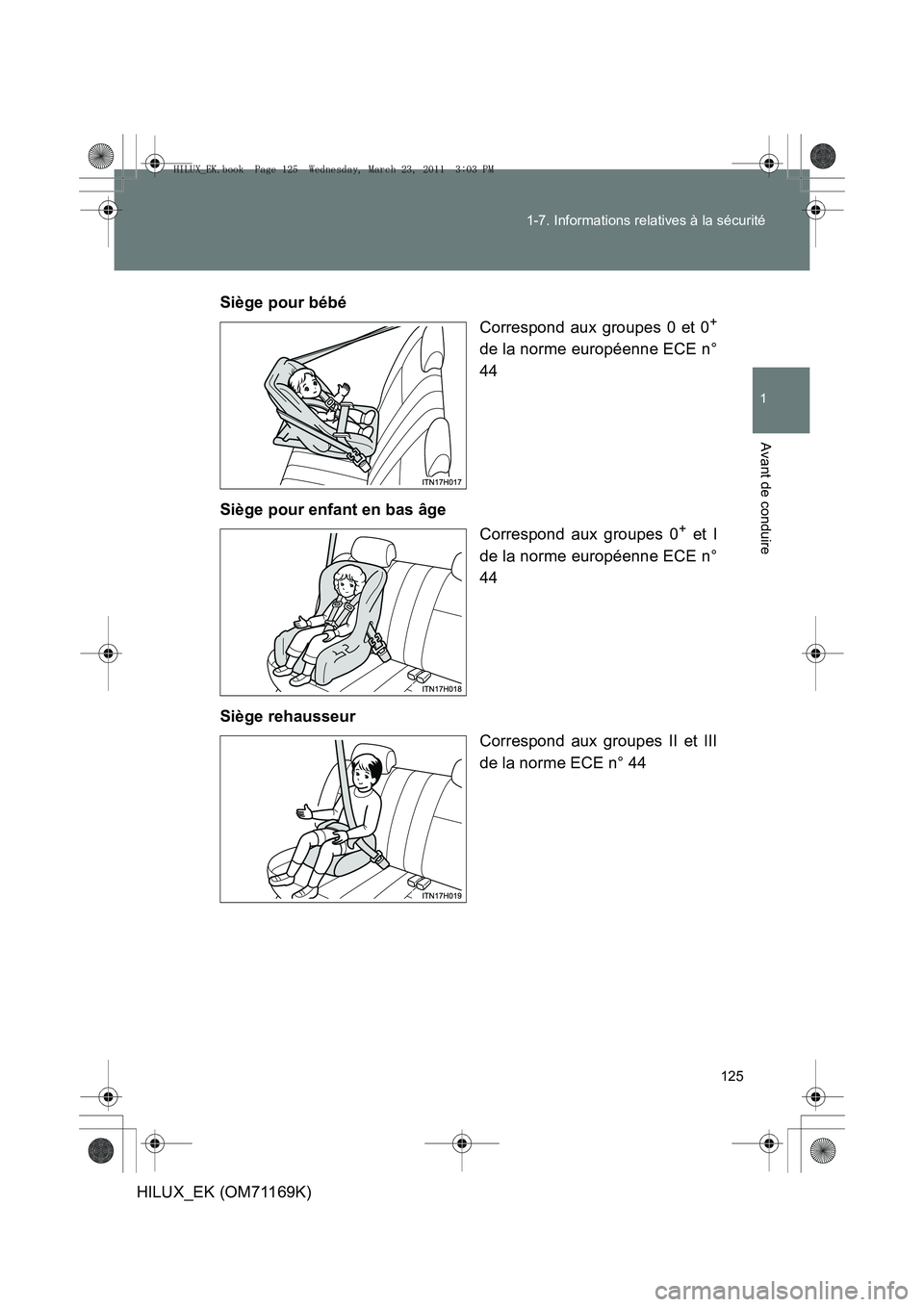 TOYOTA HILUX 2011 Notices Demploi (in French) 125
1-7. Informations relatives à la sécurité
1
Avant de conduire
HILUX_EK (OM71169K)
Siège pour bébé
Correspond aux groupes 0 et 0
+
de la norme européenne ECE n°
44
Siège pour enfant en bas TOYOTA HILUX 2011 Notices Demploi (in French) 125
1-7. Informations relatives à la sécurité
1
Avant de conduire
HILUX_EK (OM71169K)
Siège pour bébé
Correspond aux groupes 0 et 0
+
de la norme européenne ECE n°
44
Siège pour enfant en bas