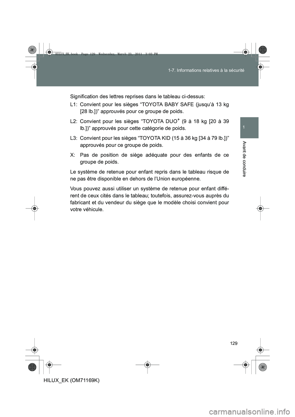 TOYOTA HILUX 2011 Notices Demploi (in French) 129
1-7. Informations relatives à la sécurité
1
Avant de conduire
HILUX_EK (OM71169K)
Signification des lettres reprises dans le tableau ci-dessus:
L1: Convient pour les sièges “TOYOTA BABY SAFE TOYOTA HILUX 2011 Notices Demploi (in French) 129
1-7. Informations relatives à la sécurité
1
Avant de conduire
HILUX_EK (OM71169K)
Signification des lettres reprises dans le tableau ci-dessus:
L1: Convient pour les sièges “TOYOTA BABY SAFE