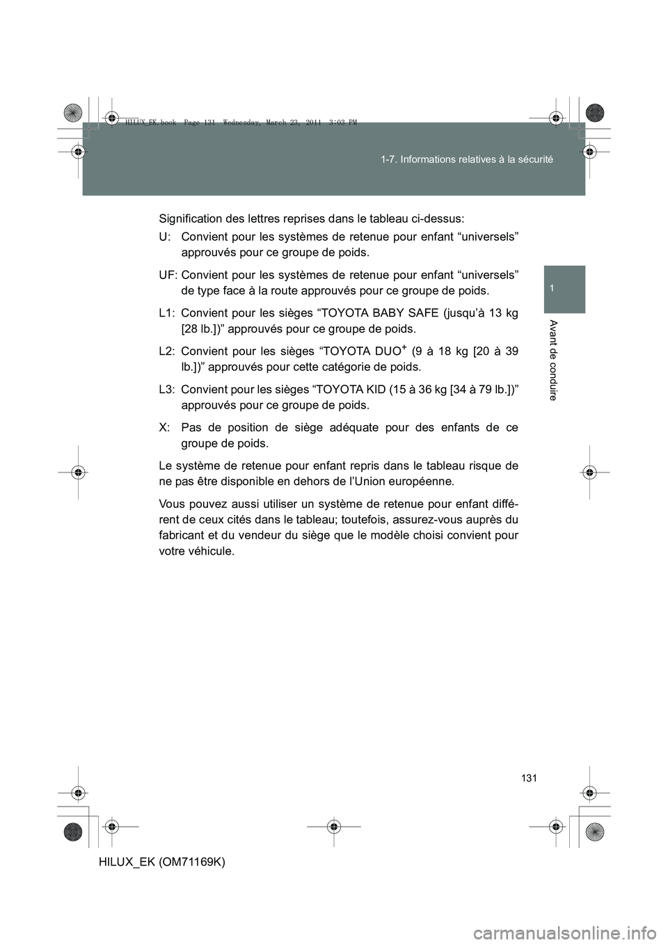 TOYOTA HILUX 2011  Notices Demploi (in French) 131
1-7. Informations relatives à la sécurité
1
Avant de conduire
HILUX_EK (OM71169K)
Signification des lettres reprises dans le tableau ci-dessus:
U: Convient pour les systèmes de retenue pour en