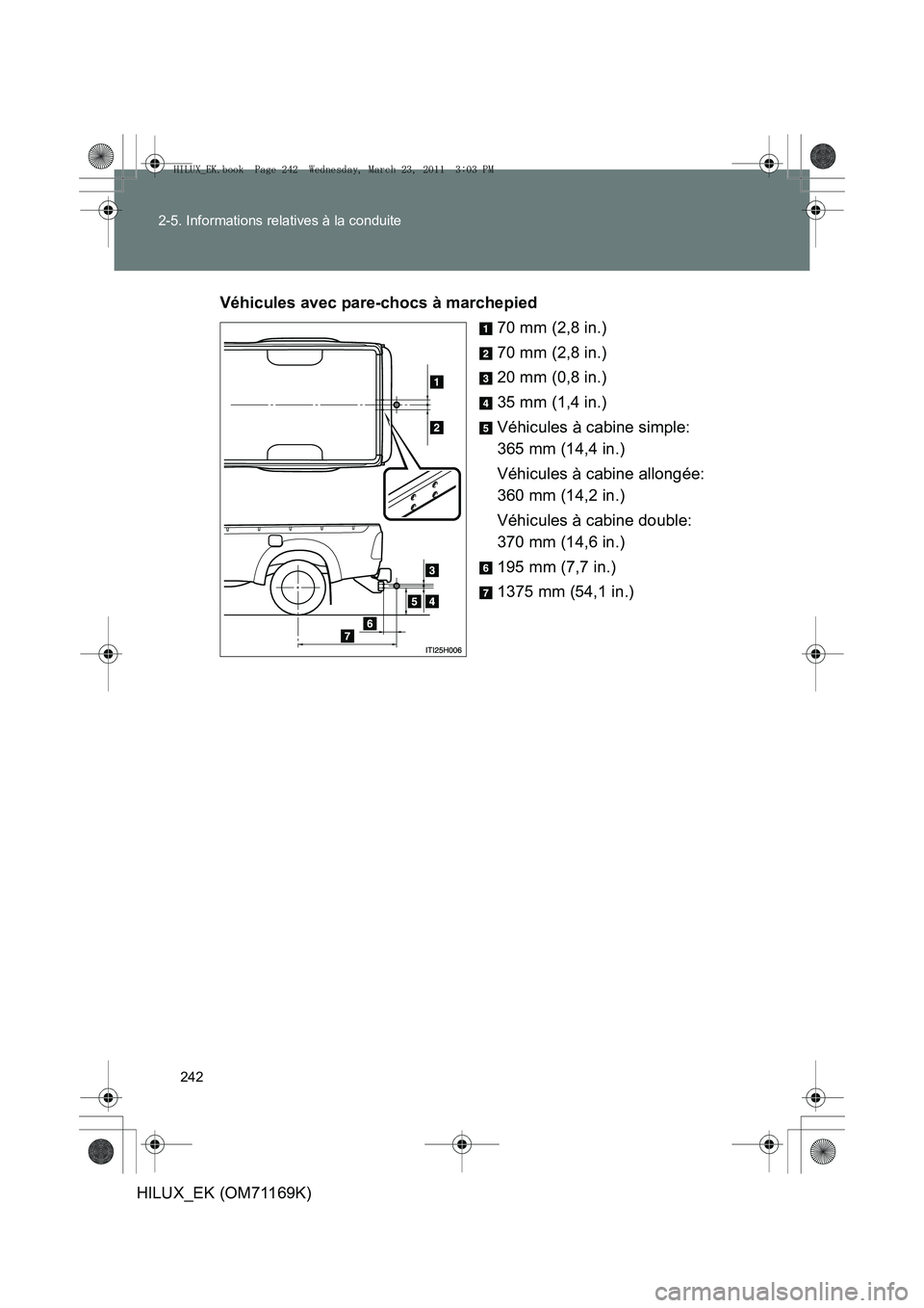 TOYOTA HILUX 2011 Notices Demploi (in French) 242
2-5. Informations relatives à la conduite
HILUX_EK (OM71169K)
Véhicules avec pare-chocs à marchepied
70 mm (2,8 in.)
70 mm (2,8 in.)
20 mm (0,8 in.)
35 mm (1,4 in.)
Véhicules à cabine simple: TOYOTA HILUX 2011 Notices Demploi (in French) 242
2-5. Informations relatives à la conduite
HILUX_EK (OM71169K)
Véhicules avec pare-chocs à marchepied
70 mm (2,8 in.)
70 mm (2,8 in.)
20 mm (0,8 in.)
35 mm (1,4 in.)
Véhicules à cabine simple: