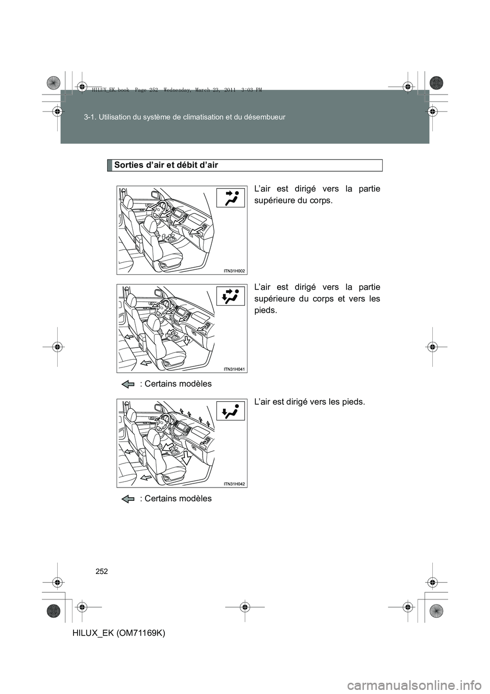 TOYOTA HILUX 2011 Notices Demploi (in French) 252
3-1. Utilisation du système de climatisation et du désembueur
HILUX_EK (OM71169K)
Sorties d’air et débit d’air
L’air est dirigé vers la partie
supérieure du corps.
L’air est dirigé v TOYOTA HILUX 2011 Notices Demploi (in French) 252
3-1. Utilisation du système de climatisation et du désembueur
HILUX_EK (OM71169K)
Sorties d’air et débit d’air
L’air est dirigé vers la partie
supérieure du corps.
L’air est dirigé v