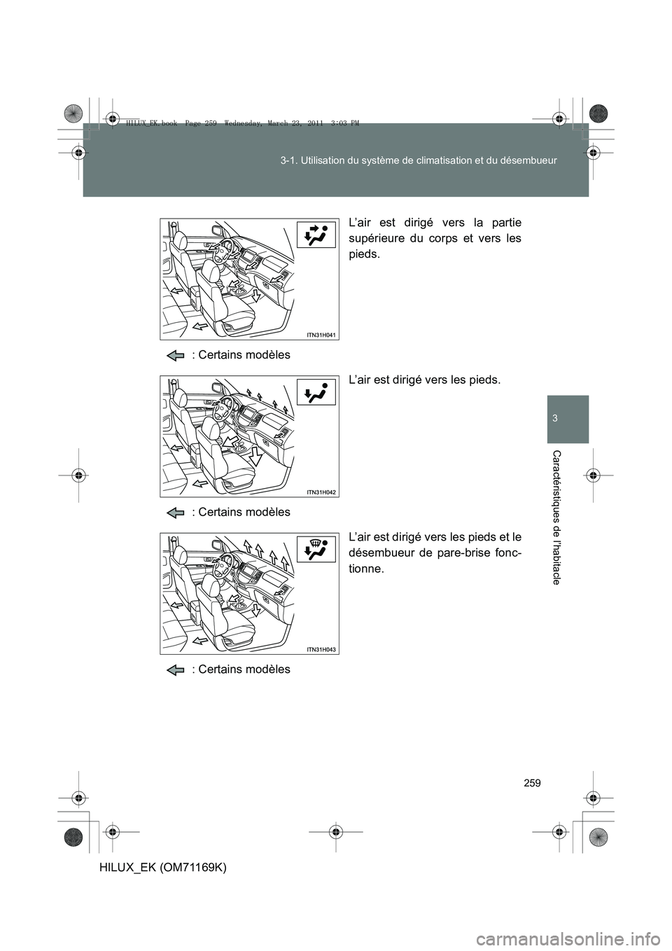 TOYOTA HILUX 2011 Notices Demploi (in French) 259
3-1. Utilisation du système de climatisation et du désembueur
3
Caractéristiques de l’habitacle
HILUX_EK (OM71169K)
L’air est dirigé vers la partie
supérieure du corps et vers les
pieds.
TOYOTA HILUX 2011 Notices Demploi (in French) 259
3-1. Utilisation du système de climatisation et du désembueur
3
Caractéristiques de l’habitacle
HILUX_EK (OM71169K)
L’air est dirigé vers la partie
supérieure du corps et vers les
pieds.