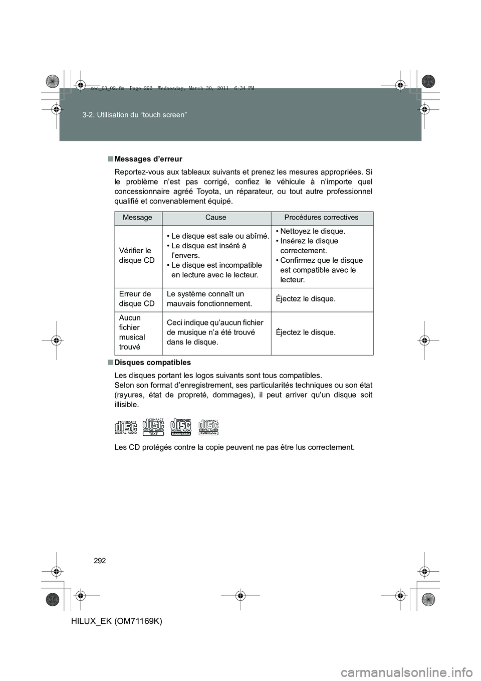 TOYOTA HILUX 2011  Notices Demploi (in French) 292
3-2. Utilisation du “touch screen”
HILUX_EK (OM71169K)
■
Messages d’erreur
Reportez-vous aux tableaux suivants et prenez les mesures appropriées. Si
le problème n’est pas corrigé, con