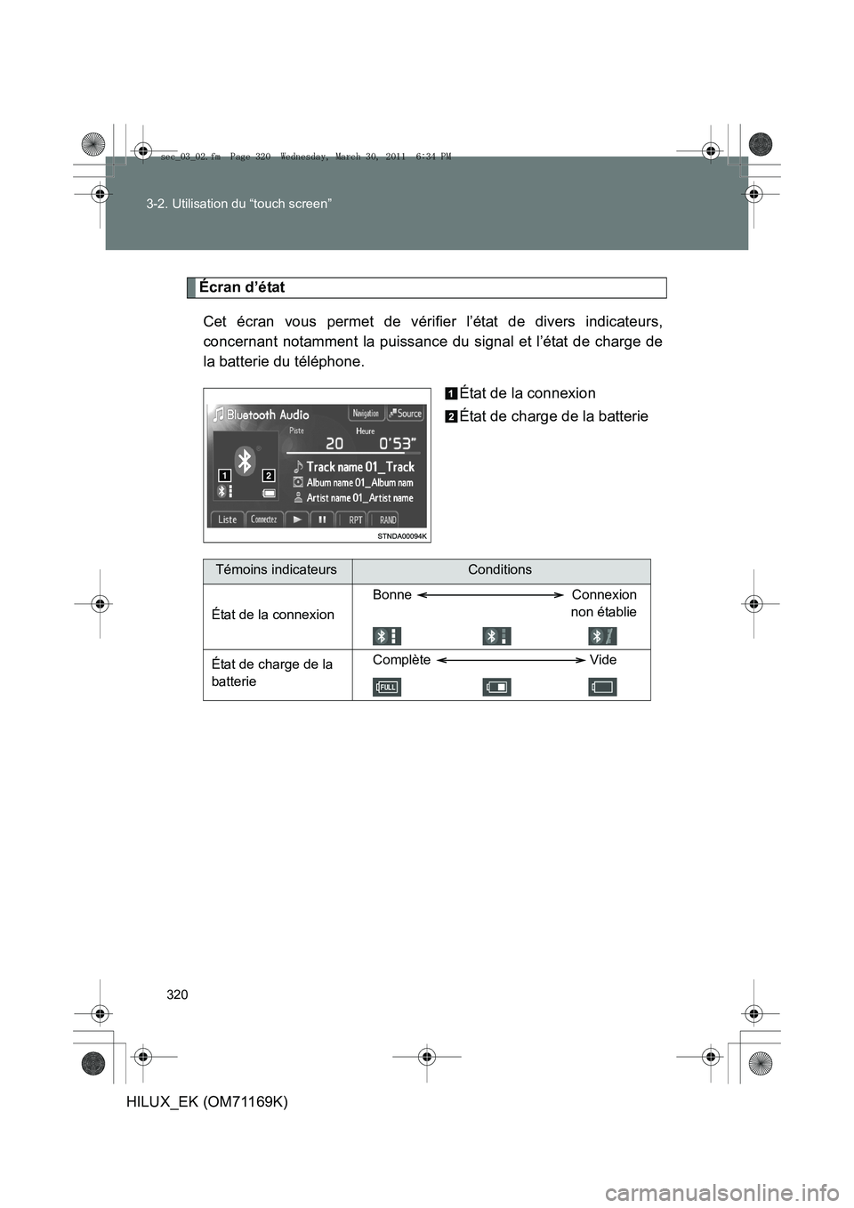 TOYOTA HILUX 2011 Notices Demploi (in French) 320
3-2. Utilisation du “touch screen”
HILUX_EK (OM71169K)
Écran d’état
Cet écran vous permet de vérifier l’état de divers indicateurs,
concernant notamment la puissance du signal et l’ TOYOTA HILUX 2011 Notices Demploi (in French) 320
3-2. Utilisation du “touch screen”
HILUX_EK (OM71169K)
Écran d’état
Cet écran vous permet de vérifier l’état de divers indicateurs,
concernant notamment la puissance du signal et l’