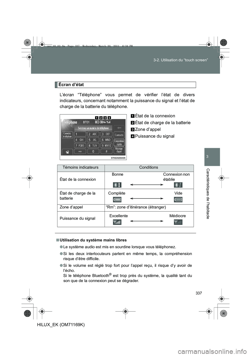 TOYOTA HILUX 2011 Notices Demploi (in French) 337
3-2. Utilisation du “touch screen”
3
Caractéristiques de l’habitacle
HILUX_EK (OM71169K)
Écran d’état
L’écran “Téléphone” vous permet de vérifier l’état de divers
indicateu TOYOTA HILUX 2011 Notices Demploi (in French) 337
3-2. Utilisation du “touch screen”
3
Caractéristiques de l’habitacle
HILUX_EK (OM71169K)
Écran d’état
L’écran “Téléphone” vous permet de vérifier l’état de divers
indicateu