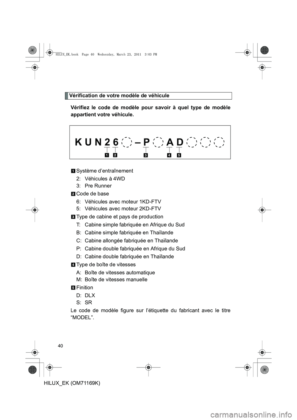 TOYOTA HILUX 2011 Notices Demploi (in French) 40
HILUX_EK (OM71169K)
Vérification de votre modèle de véhiculeVérifiez le code de modèle pour savoir à quel type de modèle
appartient votre véhicule.
Système d’entraînement
2: Véhicules TOYOTA HILUX 2011 Notices Demploi (in French) 40
HILUX_EK (OM71169K)
Vérification de votre modèle de véhiculeVérifiez le code de modèle pour savoir à quel type de modèle
appartient votre véhicule.
Système d’entraînement
2: Véhicules