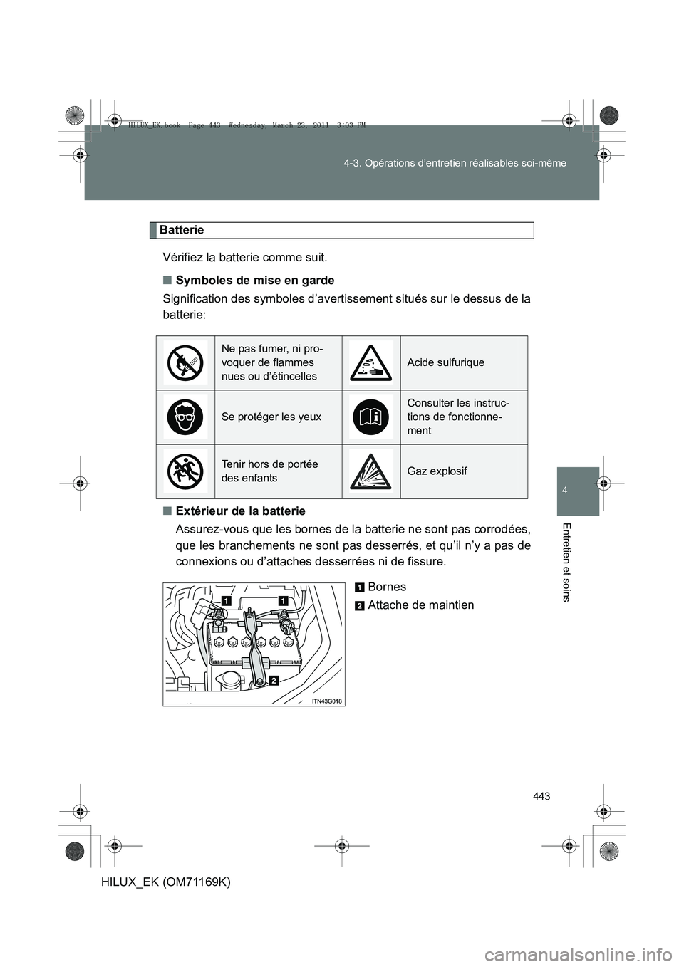 TOYOTA HILUX 2011  Notices Demploi (in French) 443
4-3. Opérations d’entretien réalisables soi-même
4
Entretien et soins
HILUX_EK (OM71169K)
Batterie
Vérifiez la batterie comme suit.
■ Symboles de mise en garde
Signification des symboles d