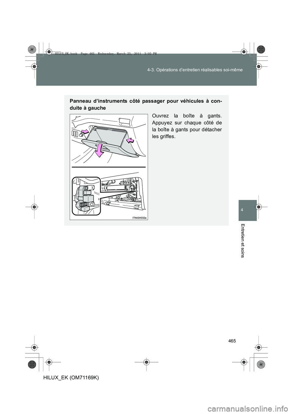TOYOTA HILUX 2011  Notices Demploi (in French) 465
4-3. Opérations d’entretien réalisables soi-même
4
Entretien et soins
HILUX_EK (OM71169K)
Panneau d’instruments côté passager pour véhicules à con-
duite à gauche
Ouvrez la boîte à g