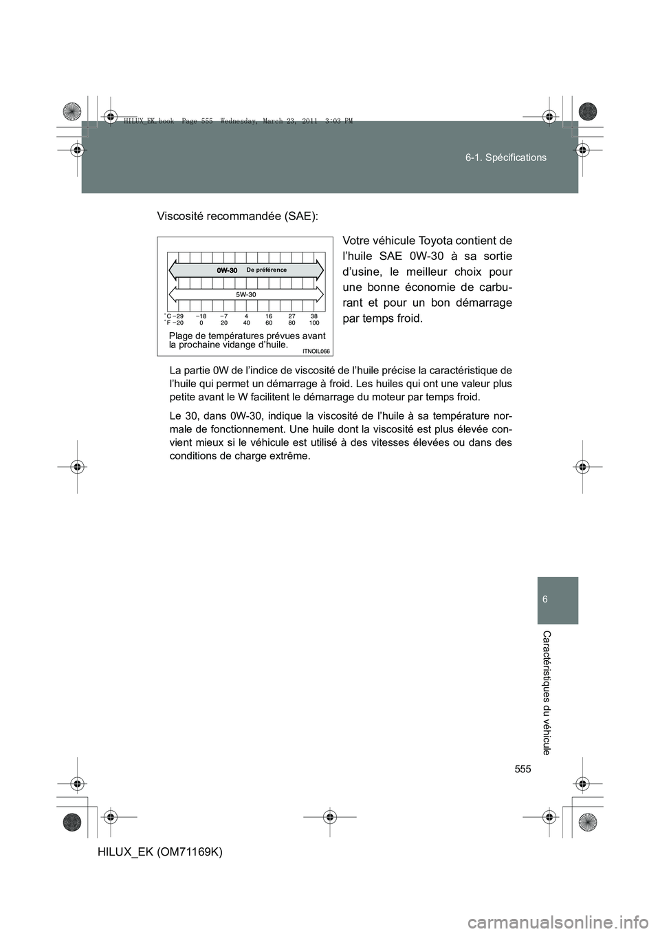 TOYOTA HILUX 2011 Notices Demploi (in French) 555
6-1. Spécifications
6
Caractéristiques du véhicule
HILUX_EK (OM71169K)
Viscosité recommandée (SAE):
Votre véhicule Toyota contient de
l’huile SAE 0W-30 à sa sortie
d’usine, le meilleur TOYOTA HILUX 2011 Notices Demploi (in French) 555
6-1. Spécifications
6
Caractéristiques du véhicule
HILUX_EK (OM71169K)
Viscosité recommandée (SAE):
Votre véhicule Toyota contient de
l’huile SAE 0W-30 à sa sortie
d’usine, le meilleur