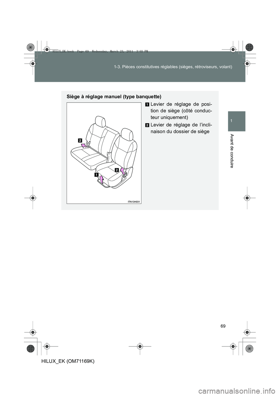 TOYOTA HILUX 2011  Notices Demploi (in French) 69
1-3. Pièces constitutives réglables (sièges, rétroviseurs, volant)
1
Avant de conduire
HILUX_EK (OM71169K)
Siège à réglage manuel (type banquette)
Levier de réglage de posi-
tion de siège 