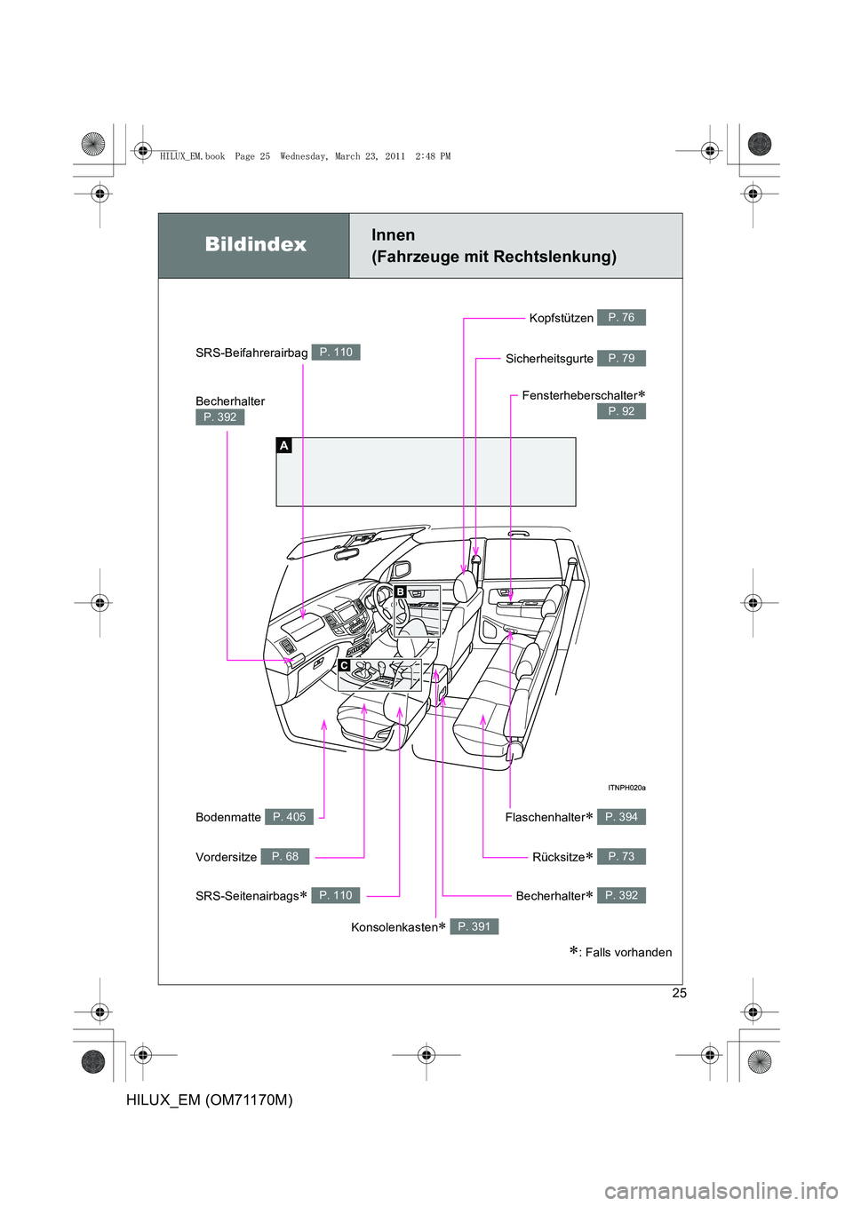 TOYOTA HILUX 2011  Betriebsanleitungen (in German) 25
HILUX_EM (OM71170M)
BildindexInnen 
(Fahrzeuge mit Rechtslenkung)
A
Becherhalter 
P. 392
Bodenmatte P. 405Flaschenhalter∗ P. 394
SRS-Beifahrerairbag P. 110
SRS-Seitenairbags∗ P. 110
Rücksitze