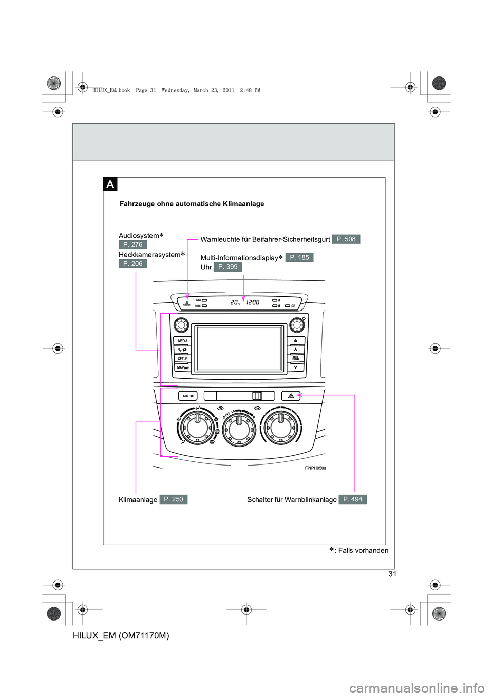 TOYOTA HILUX 2011  Betriebsanleitungen (in German) 31
HILUX_EM (OM71170M)
A
Fahrzeuge ohne automatische Klimaanlage
Schalter für Warnblinkanlage P. 494Klimaanlage P. 250
Warnleuchte für Beifahrer-Sicherheitsgurt P. 508
Multi-Informationsdisplay∗ 
