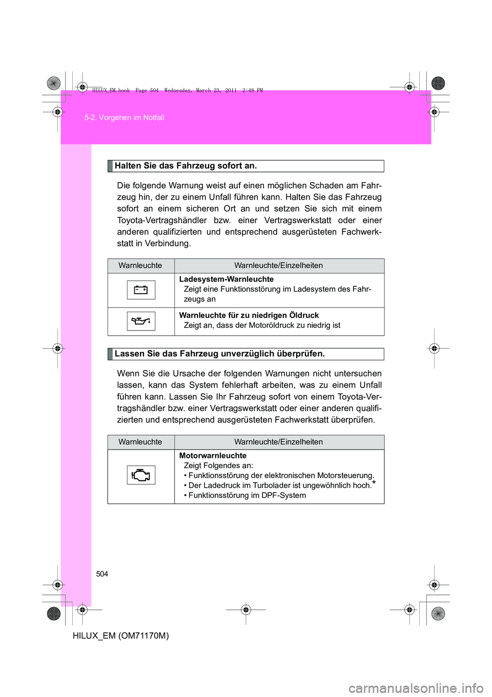 TOYOTA HILUX 2011 Betriebsanleitungen (in German) 504
5-2. Vorgehen im Notfall
HILUX_EM (OM71170M)
Halten Sie das Fahrzeug sofort an.
Die folgende Warnung weist auf einen möglichen Schaden am Fahr-
zeug hin, der zu einem Unfall führen kann. Halten TOYOTA HILUX 2011 Betriebsanleitungen (in German) 504
5-2. Vorgehen im Notfall
HILUX_EM (OM71170M)
Halten Sie das Fahrzeug sofort an.
Die folgende Warnung weist auf einen möglichen Schaden am Fahr-
zeug hin, der zu einem Unfall führen kann. Halten