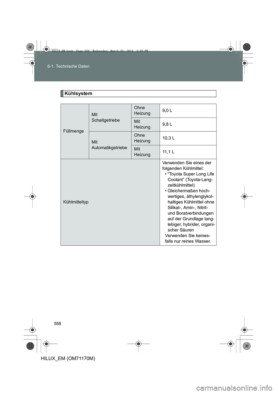 TOYOTA HILUX 2011  Betriebsanleitungen (in German) 558
6-1. Technische Daten
HILUX_EM (OM71170M)
Kühlsystem
Füllmenge
Mit 
Schaltgetriebe
Ohne 
Heizung9,0 L
Mit 
Heizung9,8 L
Mit 
Automatikgetriebe
Ohne 
Heizung10,3 L
Mit 
Heizung11,1 L
Kühlmittelt