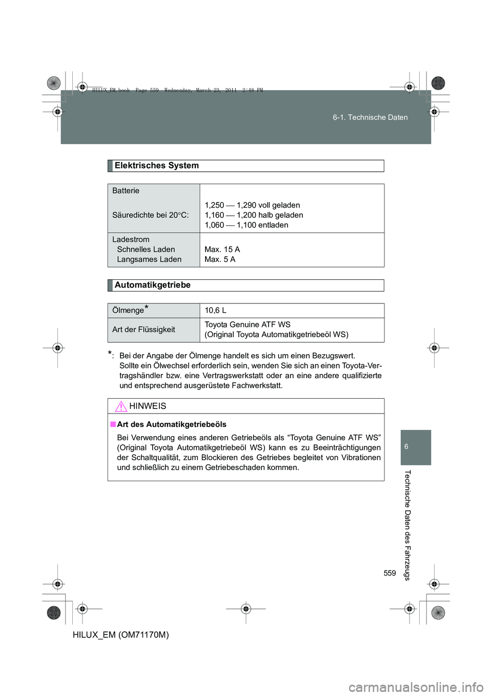 TOYOTA HILUX 2011 Betriebsanleitungen (in German) 559
6-1. Technische Daten
6
Technische Daten des Fahrzeugs
HILUX_EM (OM71170M)
Elektrisches System
Automatikgetriebe
*: Bei der Angabe der Ölmenge handelt es sich um einen Bezugswert.
Sollte ein Ölw TOYOTA HILUX 2011 Betriebsanleitungen (in German) 559
6-1. Technische Daten
6
Technische Daten des Fahrzeugs
HILUX_EM (OM71170M)
Elektrisches System
Automatikgetriebe
*: Bei der Angabe der Ölmenge handelt es sich um einen Bezugswert.
Sollte ein Ölw