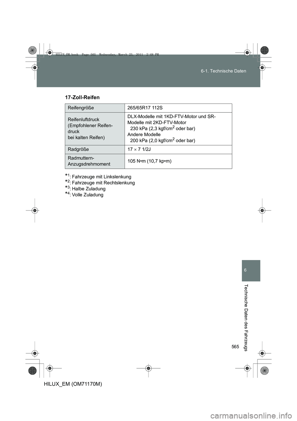 TOYOTA HILUX 2011  Betriebsanleitungen (in German) 565
6-1. Technische Daten
6
Technische Daten des Fahrzeugs
HILUX_EM (OM71170M)
17-Zoll-Reifen 
*1: Fahrzeuge mit Linkslenkung 
*2: Fahrzeuge mit Rechtslenkung 
*3: Halbe Zuladung 
*4: Volle Zuladung
R
