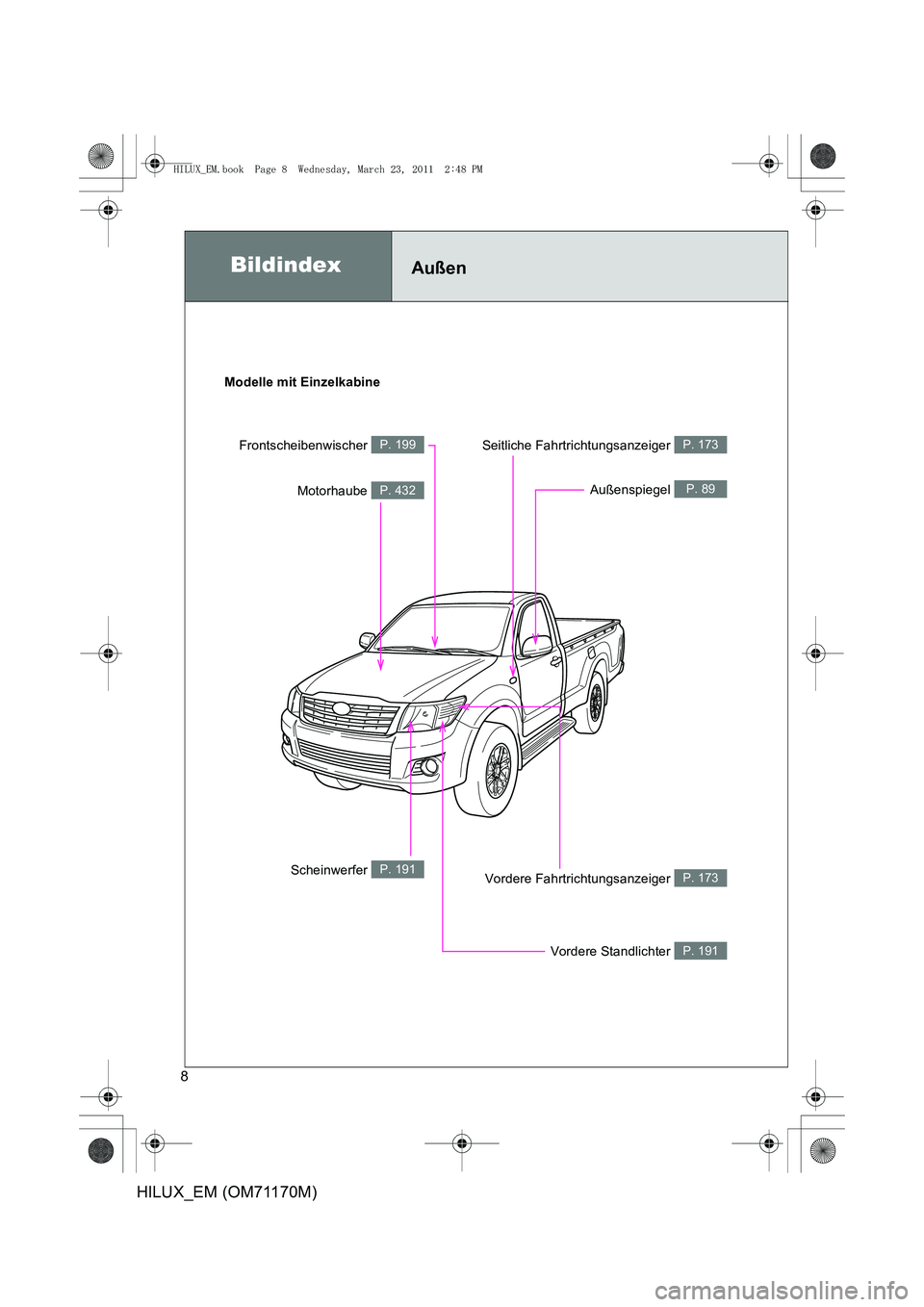 TOYOTA HILUX 2011 Betriebsanleitungen (in German) 8
HILUX_EM (OM71170M)
BildindexAußen
Modelle mit EinzelkabineFrontscheibenwischer
P. 199
Außenspiegel P. 89Motorhaube P. 432
Vordere Fahrtrichtungsanzeiger P. 173
Vordere Standlichter P. 191
Schein TOYOTA HILUX 2011 Betriebsanleitungen (in German) 8
HILUX_EM (OM71170M)
BildindexAußen
Modelle mit EinzelkabineFrontscheibenwischer
P. 199
Außenspiegel P. 89Motorhaube P. 432
Vordere Fahrtrichtungsanzeiger P. 173
Vordere Standlichter P. 191
Schein