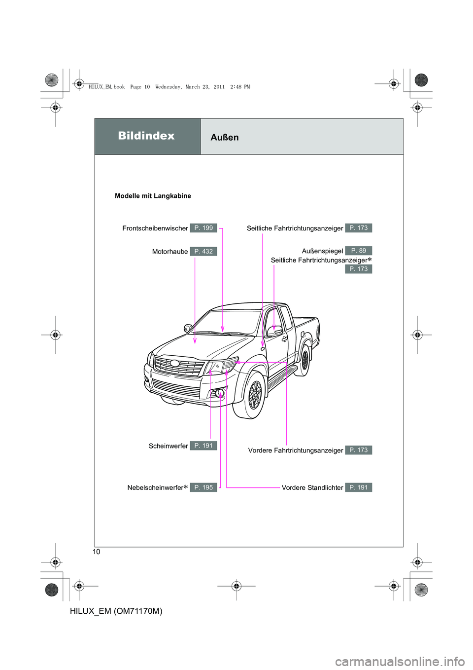 TOYOTA HILUX 2011  Betriebsanleitungen (in German) 10
HILUX_EM (OM71170M)
BildindexAußen
Modelle mit Langkabine
Außenspiegel 
Seitliche Fahrtrichtungsanzeiger
∗
P. 89
P. 173
Nebelscheinwerfer∗ P. 195
Frontscheibenwischer P. 199
Motorhaube P. 432