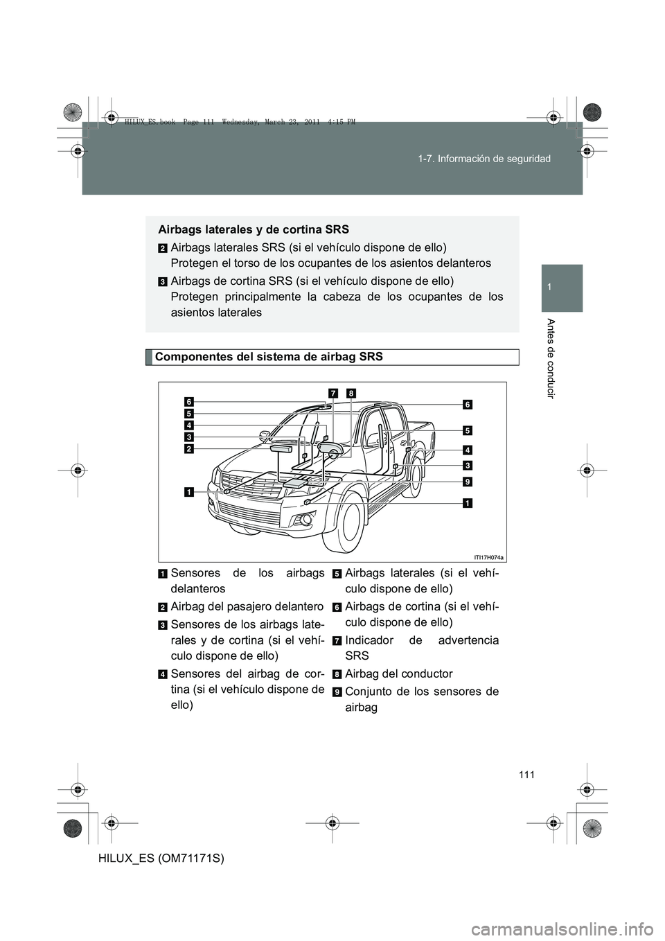 TOYOTA HILUX 2011 Manuale de Empleo (in Spanish) 111
1-7. Información de seguridad
1
Antes de conducir
HILUX_ES (OM71171S)
Componentes del sistema de airbag SRS
Sensores de los airbags
delanteros
Airbag del pasajero delantero
Sensores de los airbag TOYOTA HILUX 2011 Manuale de Empleo (in Spanish) 111
1-7. Información de seguridad
1
Antes de conducir
HILUX_ES (OM71171S)
Componentes del sistema de airbag SRS
Sensores de los airbags
delanteros
Airbag del pasajero delantero
Sensores de los airbag