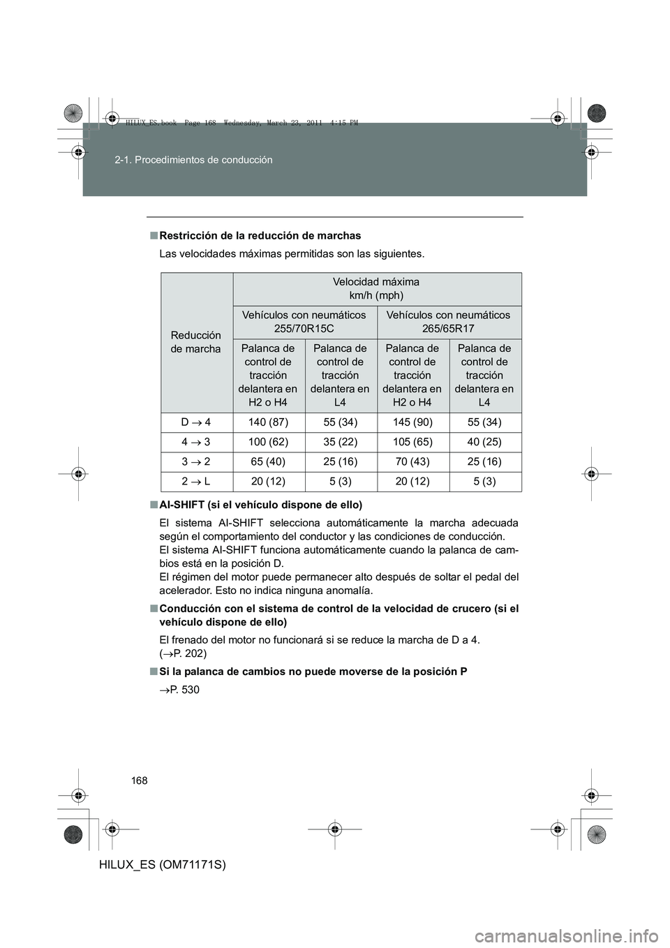 TOYOTA HILUX 2011 Manuale de Empleo (in Spanish) 168
2-1. Procedimientos de conducción
HILUX_ES (OM71171S)
■
Restricción de la reducción de marchas
Las velocidades máximas permitidas son las siguientes.
■ AI-SHIFT (si el vehículo dispone de TOYOTA HILUX 2011 Manuale de Empleo (in Spanish) 168
2-1. Procedimientos de conducción
HILUX_ES (OM71171S)
■
Restricción de la reducción de marchas
Las velocidades máximas permitidas son las siguientes.
■ AI-SHIFT (si el vehículo dispone de