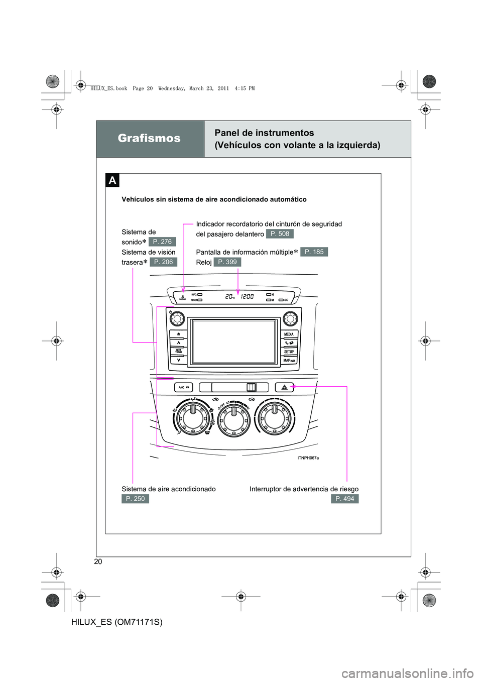TOYOTA HILUX 2011  Manuale de Empleo (in Spanish) 20
HILUX_ES (OM71171S)
A
GrafismosPanel de instrumentos 
(Vehículos con volante a la izquierda)
Vehículos sin sistema de aire acondicionado automáticoInterruptor de advertencia de riesgo
P. 494
Sis