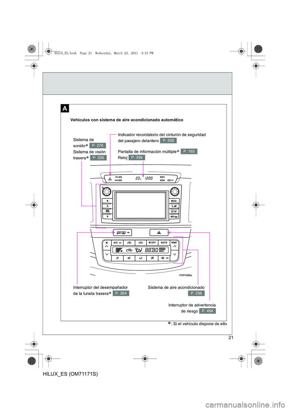 TOYOTA HILUX 2011  Manuale de Empleo (in Spanish) 21
HILUX_ES (OM71171S)
A
Vehículos con sistema de aire acondicionado automático
Interruptor de advertenciade riesgo 
P. 494
Interruptor del desempañador 
de la luneta trasera
∗ P. 264
Sistema de 