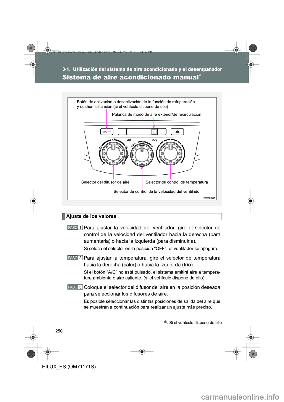 TOYOTA HILUX 2011 Manuale de Empleo (in Spanish) 250
HILUX_ES (OM71171S)
3-1. Utilización del sistema de aire acondicionado y el desempañador
Sistema de aire acondicionado manual∗
Ajuste de los valoresPara ajustar la velocidad del ventilador, gi TOYOTA HILUX 2011 Manuale de Empleo (in Spanish) 250
HILUX_ES (OM71171S)
3-1. Utilización del sistema de aire acondicionado y el desempañador
Sistema de aire acondicionado manual∗
Ajuste de los valoresPara ajustar la velocidad del ventilador, gi