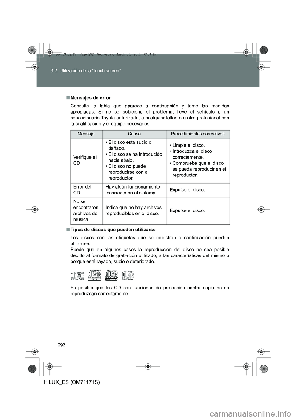 TOYOTA HILUX 2011 Manuale de Empleo (in Spanish) 292
3-2. Utilización de la “touch screen”
HILUX_ES (OM71171S)
■
Mensajes de error
Consulte la tabla que aparece a continuación y tome las medidas
apropiadas. Si no se soluciona el problema, l TOYOTA HILUX 2011 Manuale de Empleo (in Spanish) 292
3-2. Utilización de la “touch screen”
HILUX_ES (OM71171S)
■
Mensajes de error
Consulte la tabla que aparece a continuación y tome las medidas
apropiadas. Si no se soluciona el problema, l