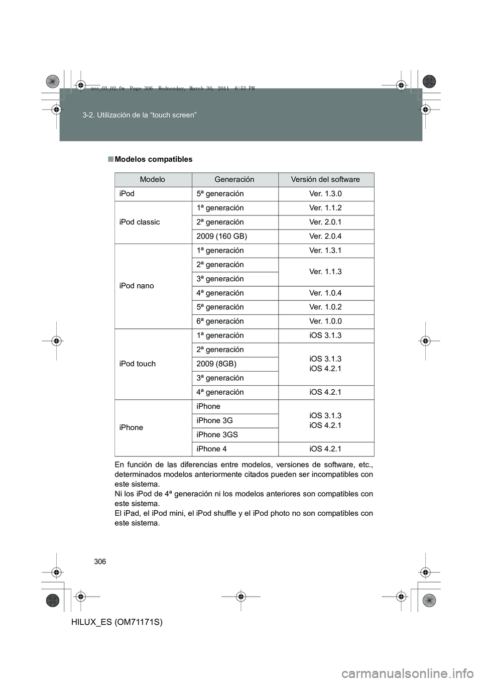TOYOTA HILUX 2011 Manuale de Empleo (in Spanish) 306
3-2. Utilización de la “touch screen”
HILUX_ES (OM71171S)
■
Modelos compatibles
En función de las diferencias entre modelos, versiones de software, etc.,
determinados modelos anteriormente TOYOTA HILUX 2011 Manuale de Empleo (in Spanish) 306
3-2. Utilización de la “touch screen”
HILUX_ES (OM71171S)
■
Modelos compatibles
En función de las diferencias entre modelos, versiones de software, etc.,
determinados modelos anteriormente
