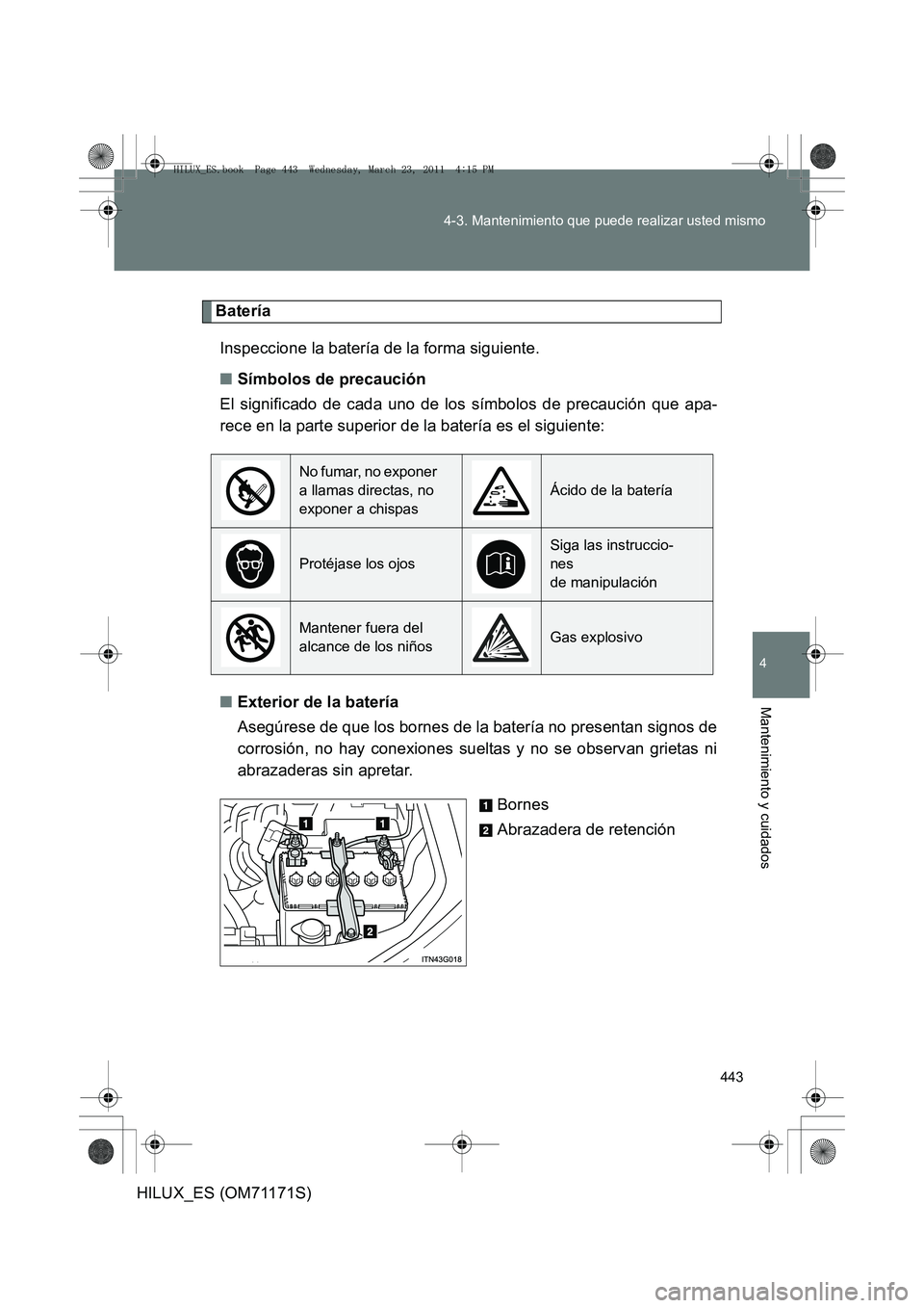 TOYOTA HILUX 2011 Manuale de Empleo (in Spanish) 443
4-3. Mantenimiento que puede realizar usted mismo
4
Mantenimiento y cuidados
HILUX_ES (OM71171S)
Batería
Inspeccione la batería de la forma siguiente.
■ Símbolos de precaución
El significado TOYOTA HILUX 2011 Manuale de Empleo (in Spanish) 443
4-3. Mantenimiento que puede realizar usted mismo
4
Mantenimiento y cuidados
HILUX_ES (OM71171S)
Batería
Inspeccione la batería de la forma siguiente.
■ Símbolos de precaución
El significado