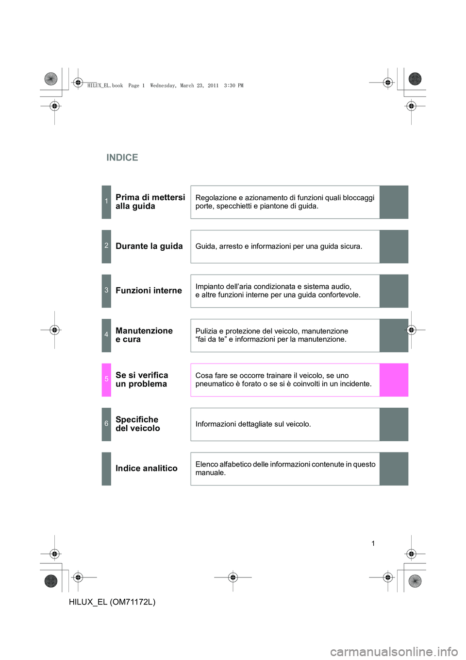 TOYOTA HILUX 2011  Manuale duso (in Italian) INDICE
1
HILUX_EL (OM71172L)
1Prima di mettersi 
alla guidaRegolazione e azionamento di funzioni quali bloccaggi 
porte, specchietti e piantone di guida.
2Durante la guidaGuida, arresto e informazioni