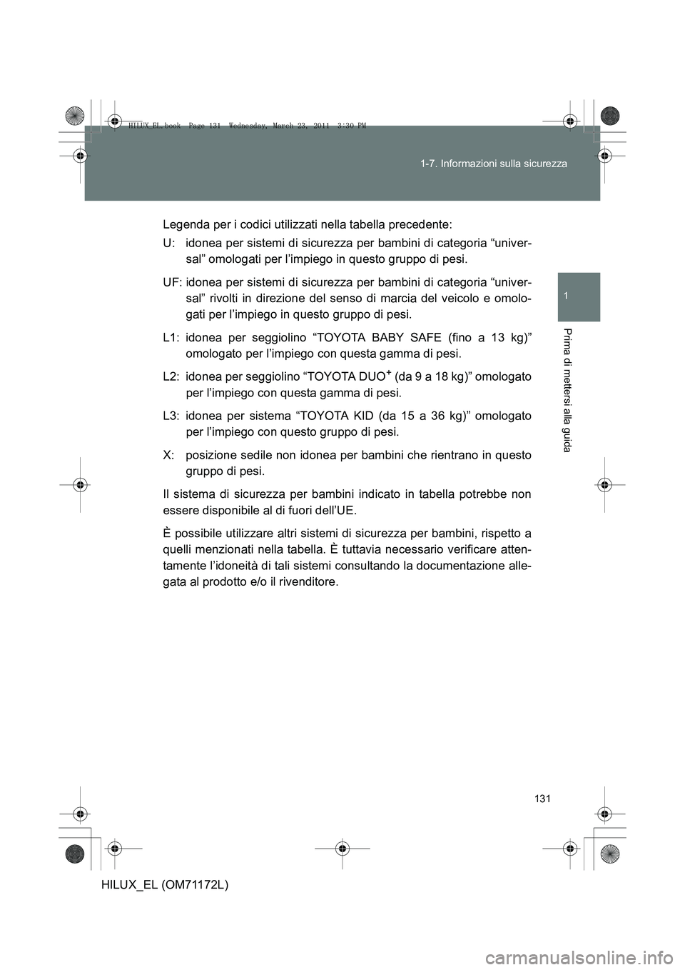 TOYOTA HILUX 2011  Manuale duso (in Italian) 131
1-7. Informazioni sulla sicurezza
1
Prima di mettersi alla guida
HILUX_EL (OM71172L)
Legenda per i codici utilizzati nella tabella precedente:
U: idonea per sistemi di sicurezza per bambini di cat TOYOTA HILUX 2011  Manuale duso (in Italian) 131
1-7. Informazioni sulla sicurezza
1
Prima di mettersi alla guida
HILUX_EL (OM71172L)
Legenda per i codici utilizzati nella tabella precedente:
U: idonea per sistemi di sicurezza per bambini di cat