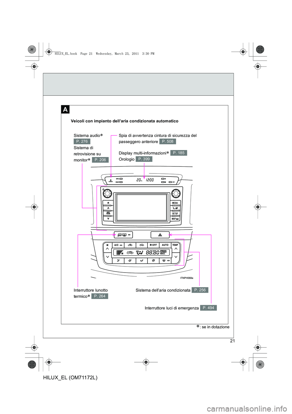 TOYOTA HILUX 2011  Manuale duso (in Italian) 21
HILUX_EL (OM71172L)
A
Veicoli con impianto dell’aria condizionata automatico
Interruttore luci di emergenza P. 494
Interruttore lunotto 
termico
∗ P. 264
Sistema dell’aria condizionata P. 256